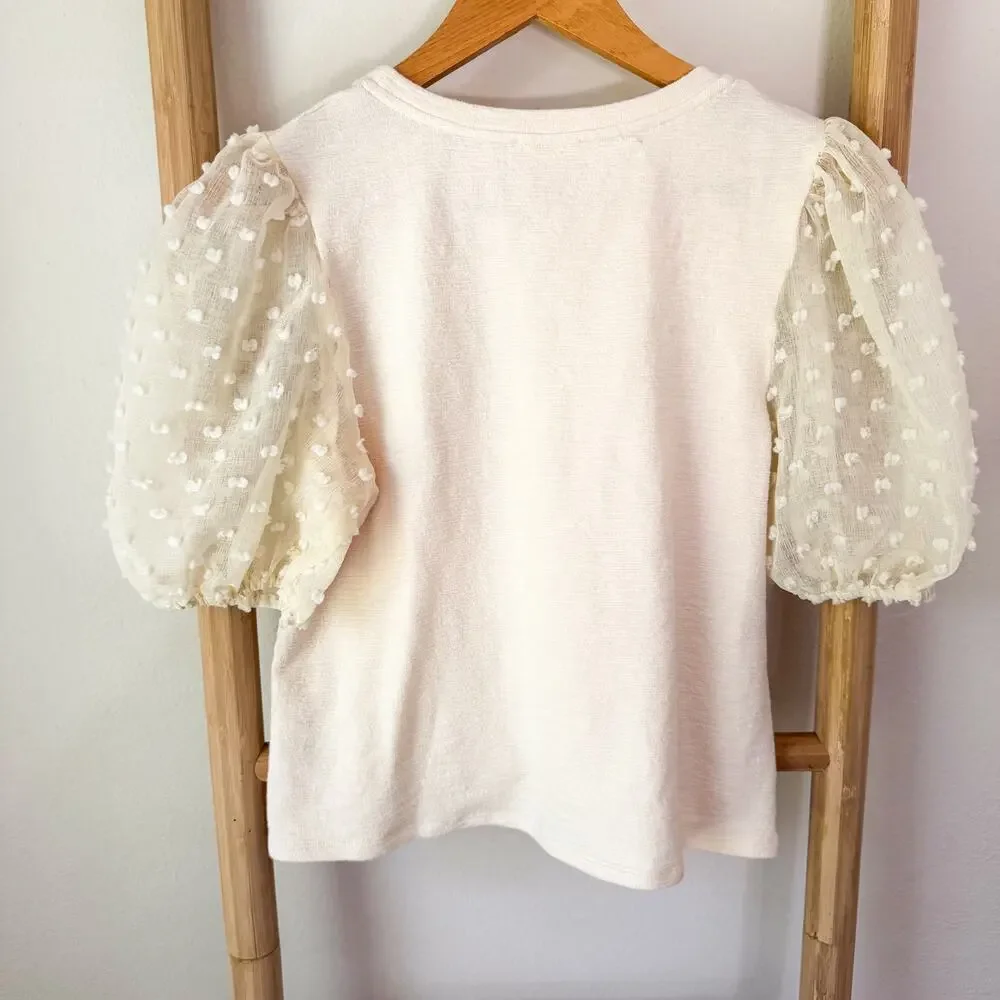 Maeve Anthropologie Cream Puff Sleeve Swiss Dot Textured Knit Top Small